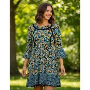 Simply Be Dress Size 14 Midi Floral Flute Sleeves Boho Black Lines 36"‎ Long New